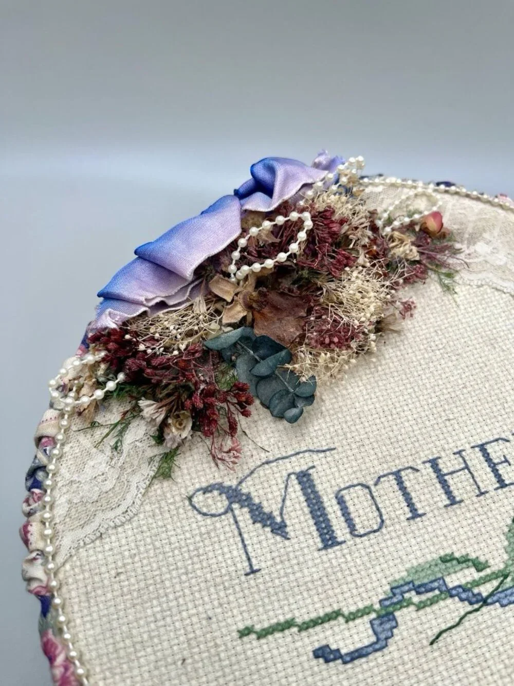 VTG Cross Stitch Mother Hat Sewing Box Round Keepsake Dried Flowers Victorian
